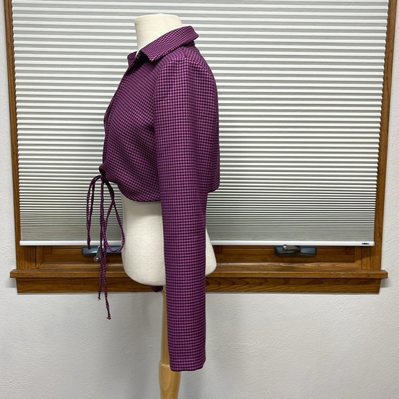 M // Zara Purple Black Houndstooth Long Sleeve Tie Hem Collared Wrap Crop Top - Picture 8 of 11
